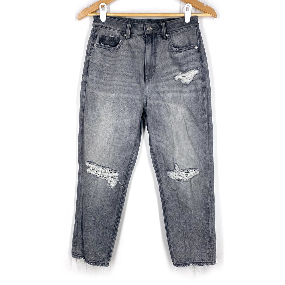 American Eagle Mom Jeans Gray High Waist Distressed 100% Cotton 4 X-Short